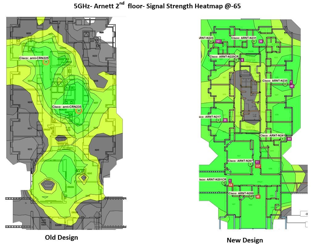 Before and after Wi-Fi signal maps of the second floor of Arnett hall.