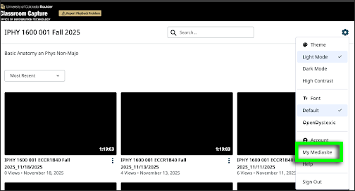 In Classroom Capture, the Settings drop-down menu for IPHY 1600-001 is open and the 