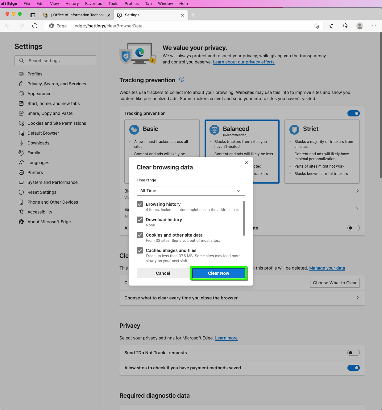 clear cache and cookies from edge