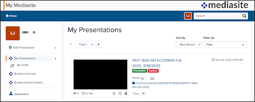 A screenshot of My Mediasite's 