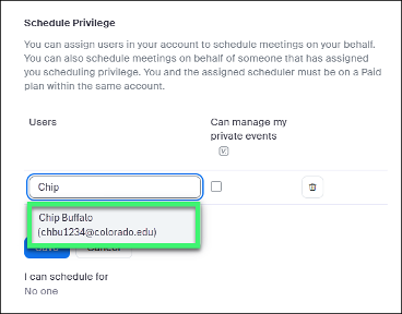 Type the person you're delegating. Select the Can manage private events checkbox
