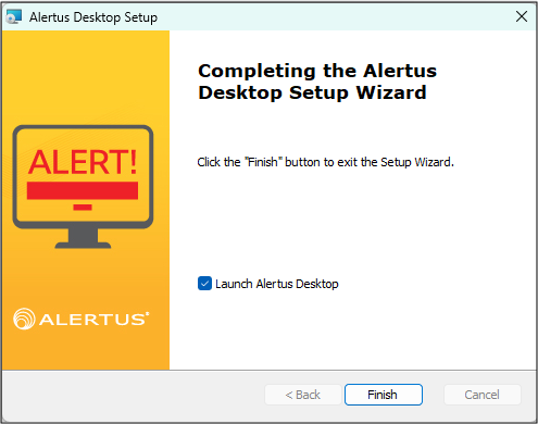 A screenshot of the last page of the Alertus Desktop Setup Wizard. The 