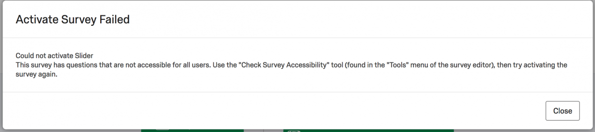 Activate Survey Failed error message example