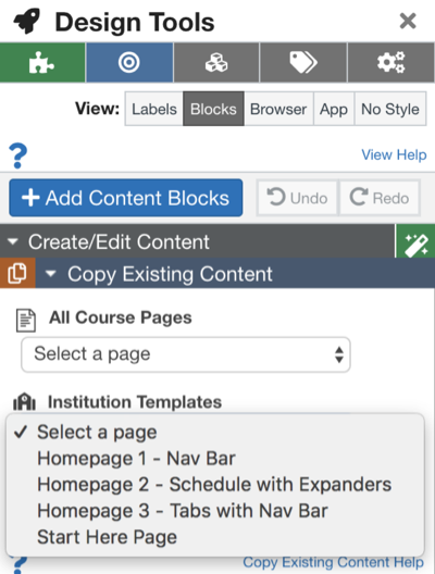go to Create/Edit Content menu, expand Copy Existing Content, click the Institutional Templates drop-down menu