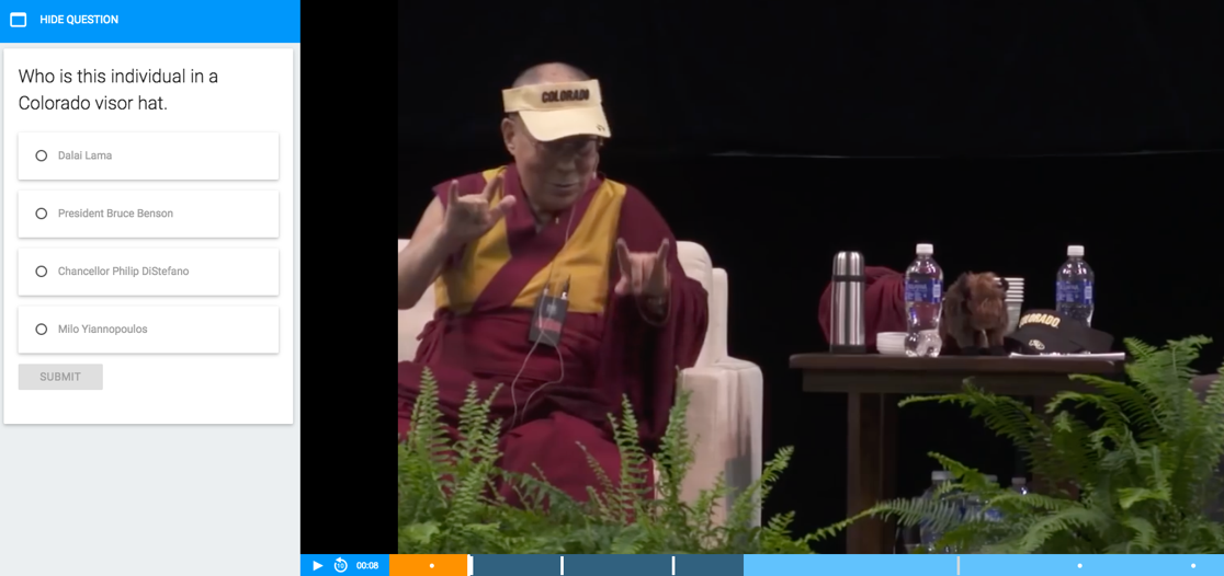 screenshot of the Dalai Lama speaking at CU, and a sample quiz question to the side