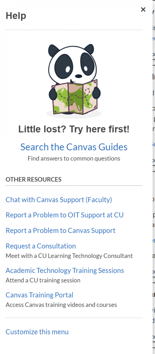 help menu within canvas screenshot