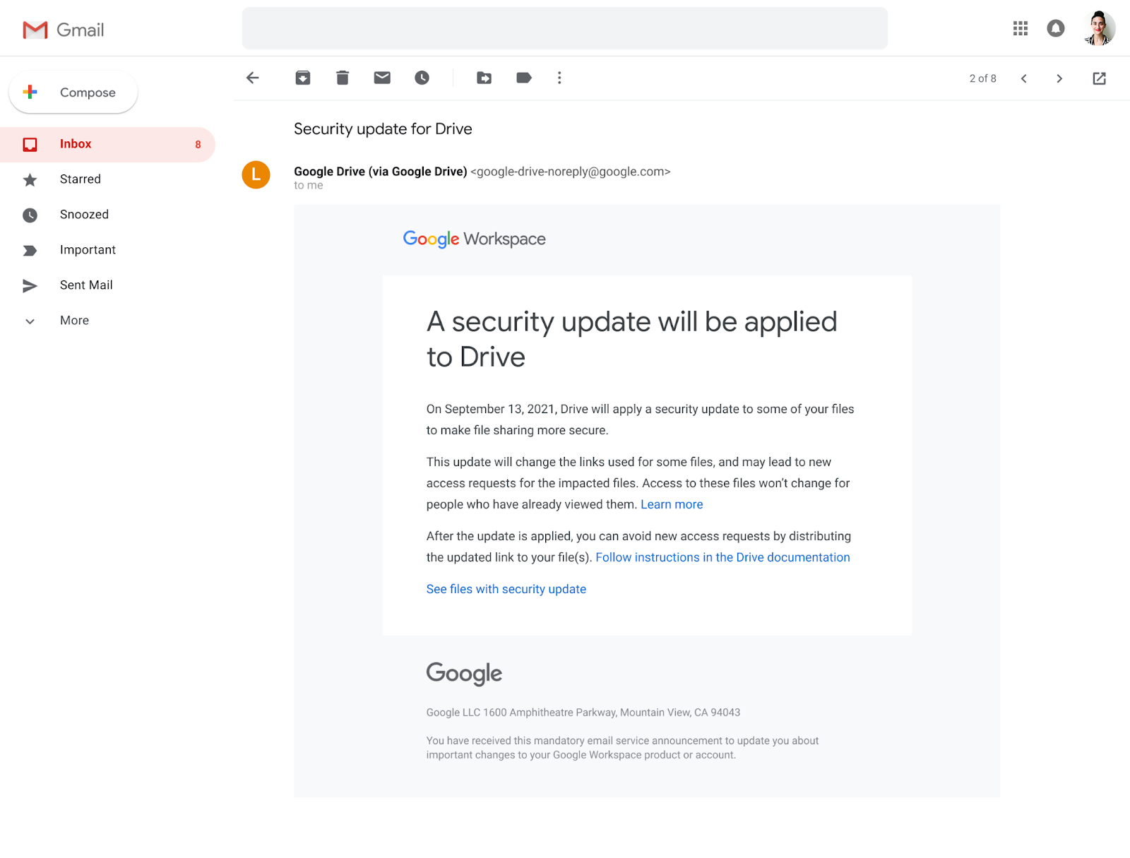 Message from Google about Drive security update
