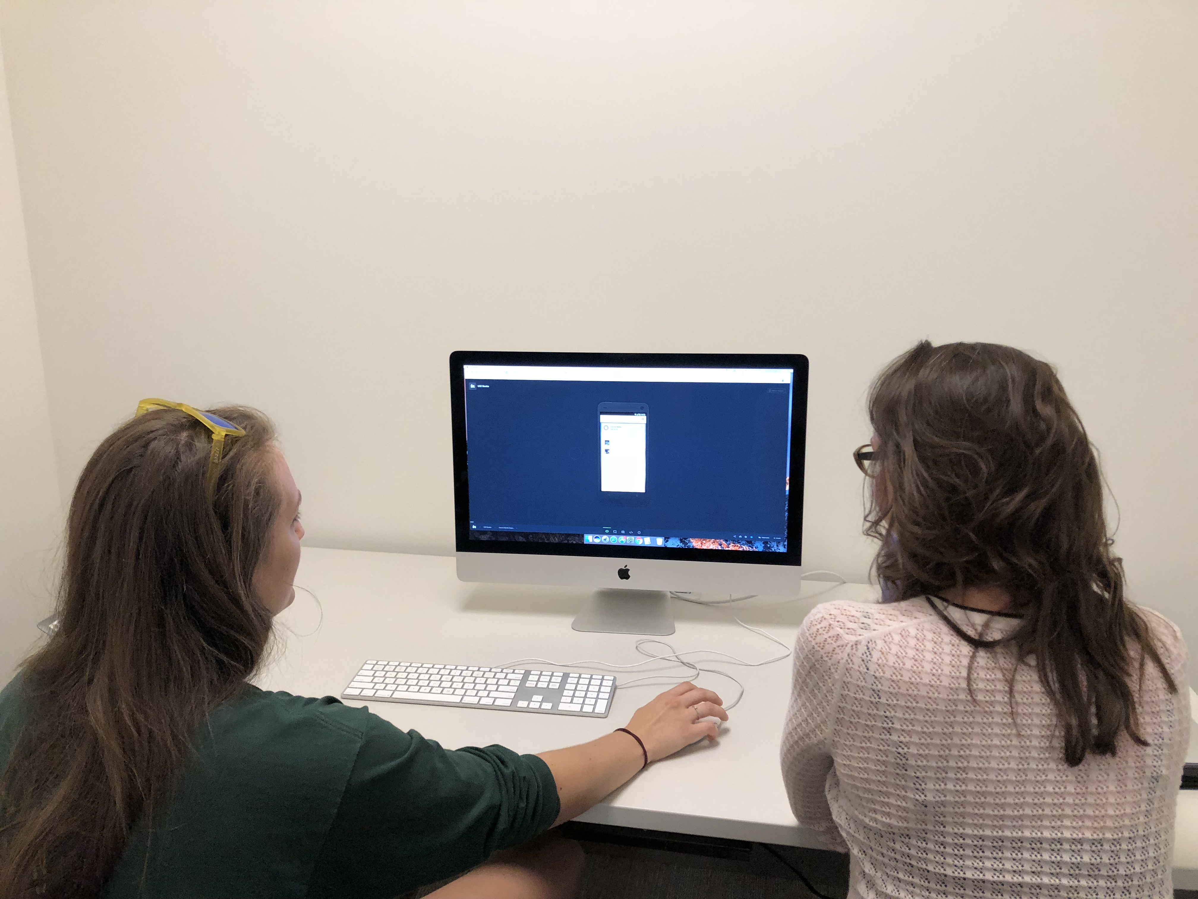 Student and UX researcher examining a design on an iMac computer.