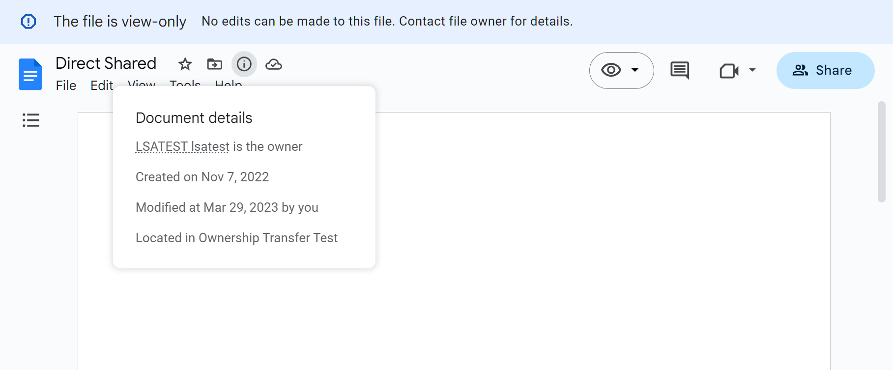 Google doc with view-only notice 