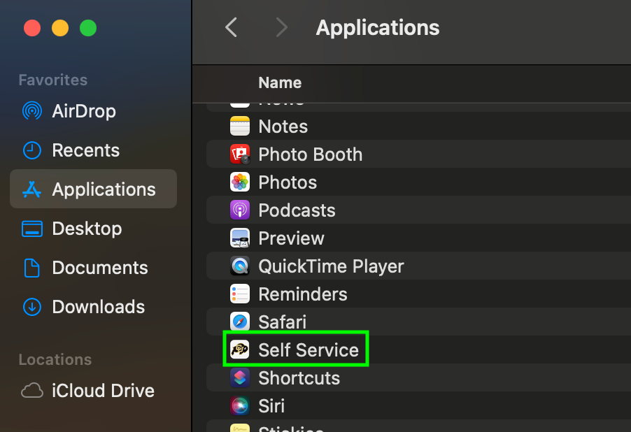 Screenshot of Self Service listed in the Applications folder of a mac