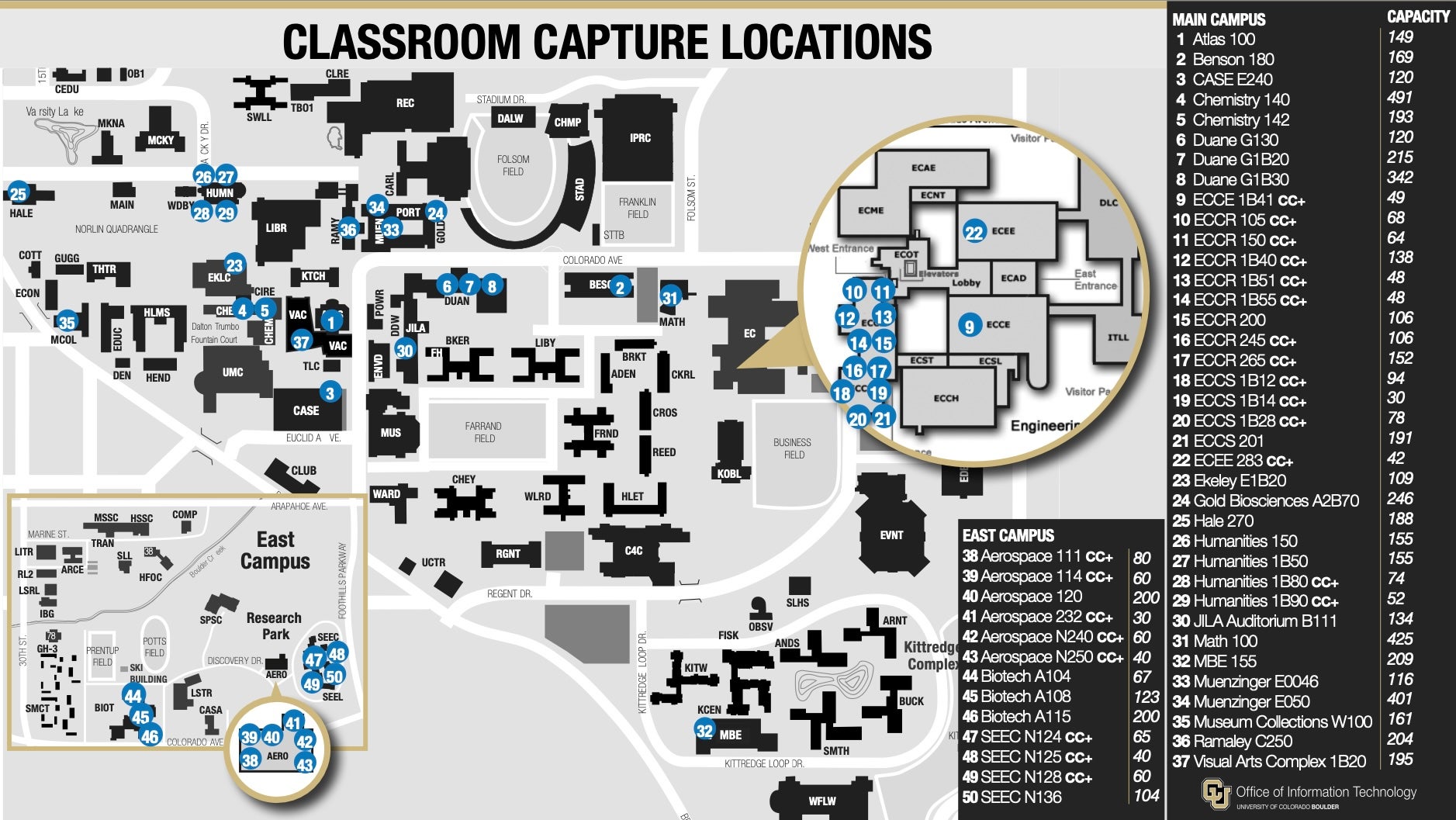 Map of Classroom Capture locations on campus