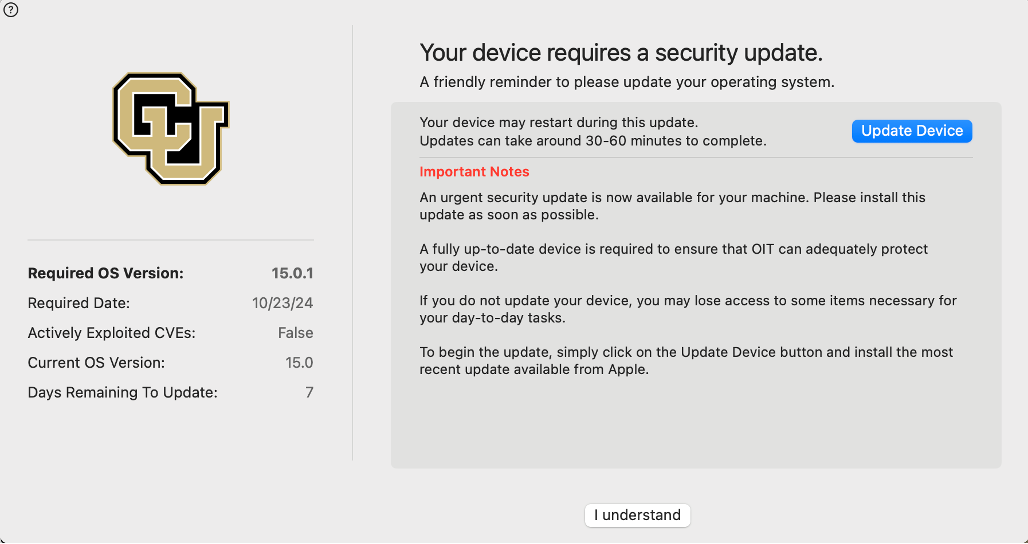 Screenshot of Nudge update notifying an update is required.