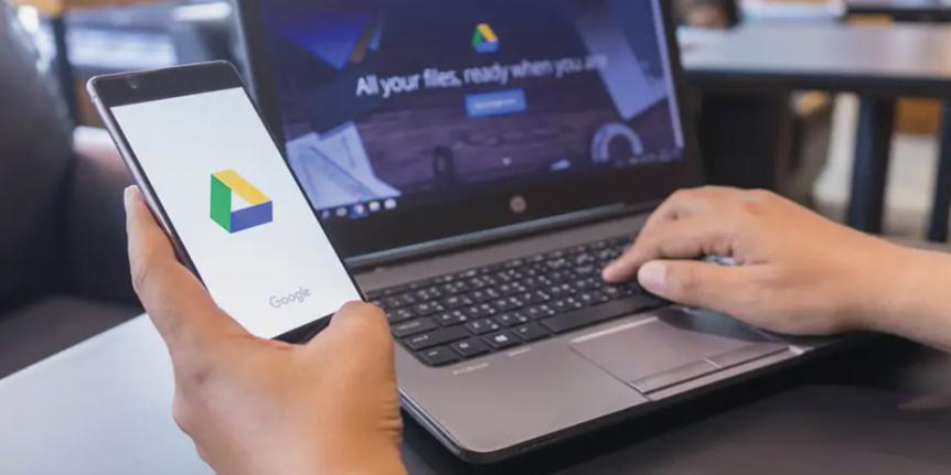 Decorative photo: Google Drive is shown on a laptop and phone.