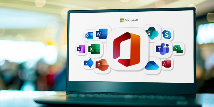 A laptop is displaying a collage of Microsoft 365 app icons.