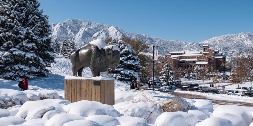Ralphie statue covered in snow
