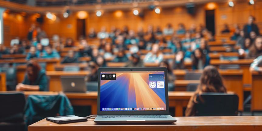 Laptop on a lectern in a lecture hall filled with students