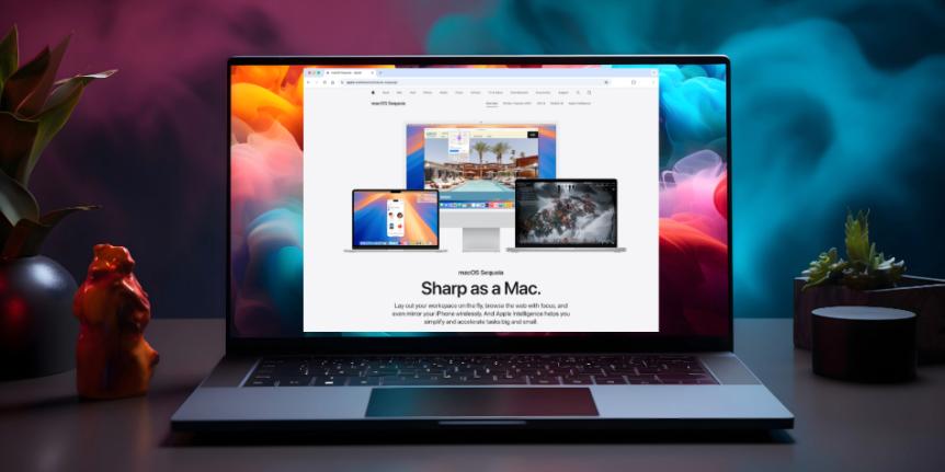 Photo of a mac laptop with a browser open to Apple's new macOS Sequoia information page. 