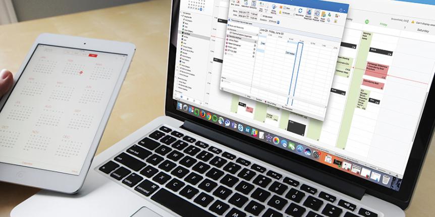 An iPad and MacBook are shown displaying calendars.