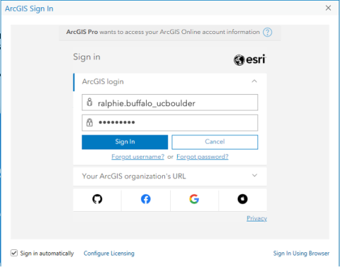 ArcGIS Pro desktop app login