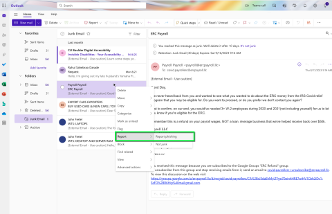 Right click an email in your inbox, then report phishing