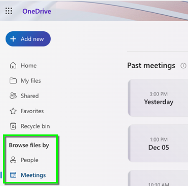 OneDrive people and meetings tabs