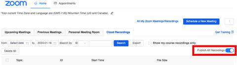 Zoom "publish all recordings" button screenshot