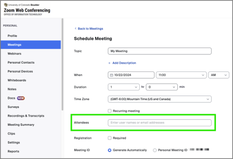 A screenshot of the Schedule Meeting page in Zoom Web Conferencing.