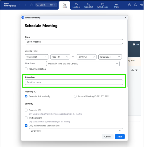 A screenshot of the Schedule Meeting window in Zoom Workplace.