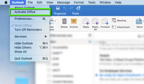 Open the Outlook main menu and select "Activate Office."