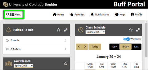 Below the Buff Portal header, an icon in the upper left allows users to open and close the navigation menu. The icon consists of a magnifying glass icon, a vertical line, a menu icon, and the word Menu.