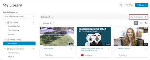 In the navigation panel on the My Library page, the user has selected a Shared Library called Collection A. Above the content grid, aligned right in the same heading bar as the collection name, the owner of the collection is denoted by a person icon and their linked name ("Andy Admin"). A clickable Options icon appears to the right of the name.