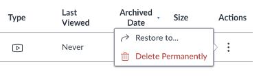 Screenshot from Canvas Studio showing Archive folder and the Restore to and Delete options