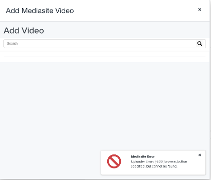 Screenshot of Mediasite uploader error 