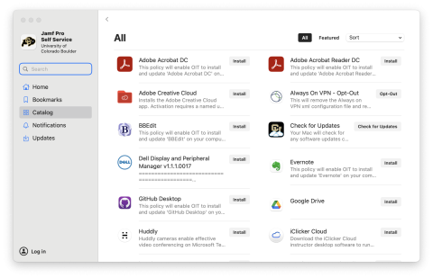 Self Service Catalog page showing available software