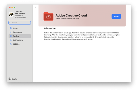 Self Service + Install page example for Adobe Creative Cloud