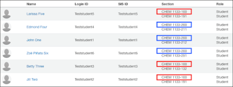 In the People section, each student has two different sections listed: a main section (circled) and a lab or recitation section (not circled). Red circles indicate the three students who are in CHEM 1133-100; blue circles indicate the three students in CHEM 1133-200.