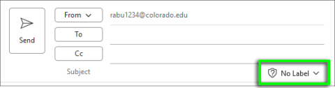 In classic Outlook, an unlabeled email displays a shield icon with a question mark and the text "No Label" in the lower right corner of the email header.