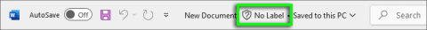 In the Word desktop app, an unlabeled document displays a shield icon with a question mark and the text "No Label" in the title bar.