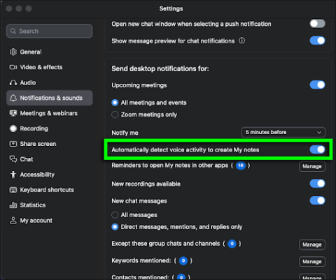 In Zoom Workplace, the Settings menu is open and the "Notifications & sounds" tab is selected. Under the "Send desktop notifications for:" heading, the "Automatically detect voice activity to create My notes" toggle has been circled.