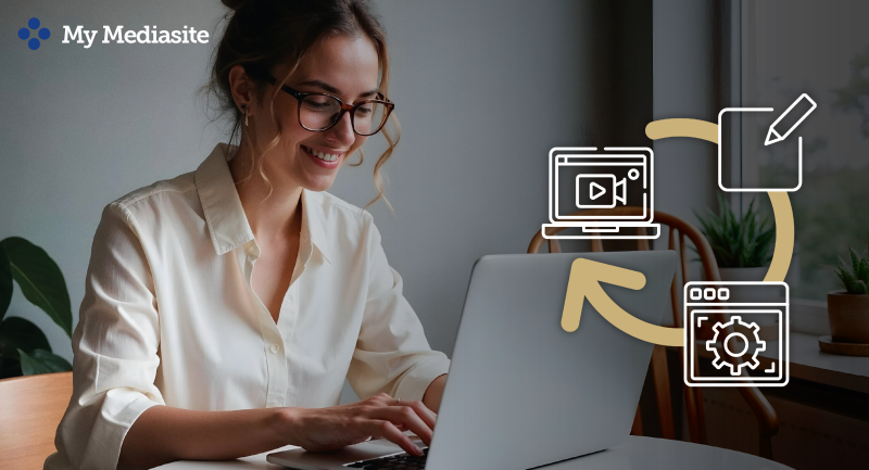 A professional-looking woman is smiling gently as she types on a laptop computer in an uncluttered workspace. The My Mediasite logo appears in the upper left corner, and three icons positioned along a counterclockwise arrow in the lower right corner suggest that the My Mediasite process is a cycle of capture, manage and edit, and share and analyze.