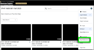 In Classroom Capture, the Settings drop-down menu for IPHY 1600-001 is open and the 