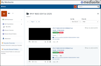 In My Mediasite, the IPHY 1600-001 folder includes two Classroom Capture videos.