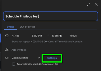Next to Zoom Meeting dropdown, click Settings