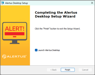 A screenshot of the last page of the Alertus Desktop Setup Wizard. The 