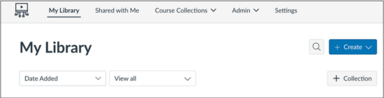 Canvas Studio's navigation bar has tabs for My Library (selected), Shared with Me, Course Collections (has a drop-down icon), Admin (has a drop-down icon) and Settings.