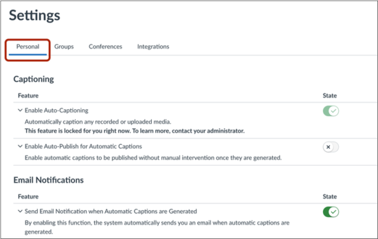 In Canvas Studio's Settings panel, the Personal tab is selected. Under that page's Captioning heading, the Enable Auto-Captioning feature is toggled on, while the Enable Auto-Publish for Automatic Captions feature is toggled off.