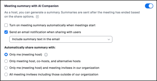 In the CU Boulder Zoom portal, the AI Companion settings tab has a Meeting section. The "Meeting summary with AI Companion" section is shown and that feature is toggled on.