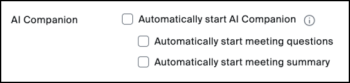 In the CU Boulder Zoom portal, the Edit Meeting page has an AI Companion section with one primary setting and two secondary settings: Automatically start AI Companion, Automatically start meeting questions, and Automatically start meeting summary.