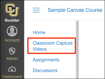 In Canvas's course navigation, the "Classroom Capture Videos" link appears between "Home" and "Assignments."