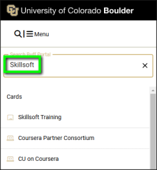 The Search Buff Portal field appears at the top of Buff Portal's sidebar menu. Once the user enters text in the field, all matches are listed below it. In this screenshot, the search term is Skillsoft.